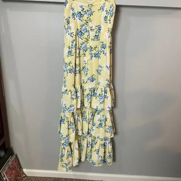Abercrombie & Fitch Butter Yellow Ruffle Tiered Maxi Dress Blue Floral SZ M EUC - Picture 6 of 13